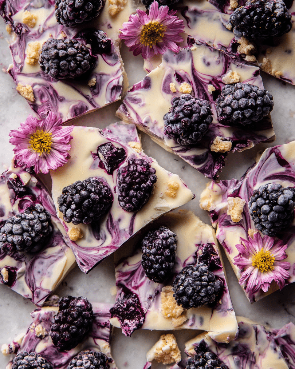 This image shows pieces of berry and white chocolate bark scattered on a white marbled texture. The bark has two main layers: a creamy white chocolate base swirled with dark purple berry sauce, creating a marbled pattern throughout. On top of each piece, there are whole frozen blackberries that add a frosted texture and deep black-purple color. Small crumbles, possibly crushed nuts or cookie crumbs, are sprinkled over some parts. Two small pink flowers with yellow centers lie among the bark pieces, adding a soft and natural accent. The bark pieces are irregularly shaped and layered closely together. Photo taken with an iphone --ar 4:5 --v 7