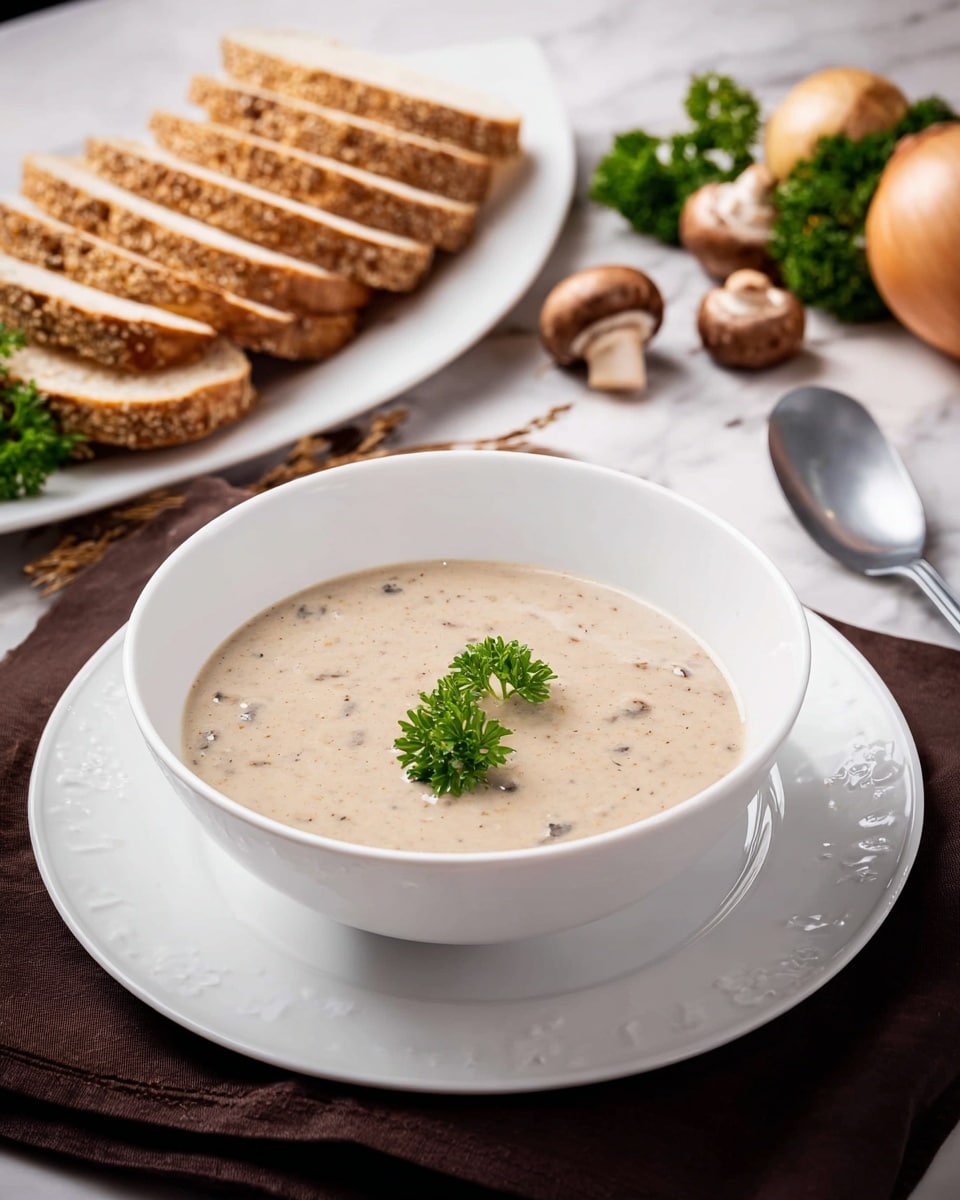 The image shows a white ceramic bowl with light blue and brown speckles, filled with creamy yellow soup that has visible mushroom slices floating in it. On top of the soup, there are bright green herbs and small pools of olive oil, along with a sprinkle of red spices. The bowl is placed on a dark wooden surface, with a small glass jar filled with black and red peppercorns beside it, and crumpled brown paper wrapped plants in the background. Photo taken with an iphone --ar 4:5 --v 7