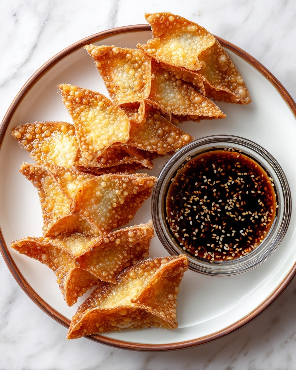 Six golden brown fried wontons with bubbly, crispy texture are stacked neatly on a white plate with a thin brown rim. To the right of the plate is a clear glass bowl filled with a dark soy sauce that has floating light brown sesame seeds evenly spread on the surface. The setup lies on a white marbled textured surface, giving a clean and simple look. photo taken with an iphone --ar 4:5 --v 7
