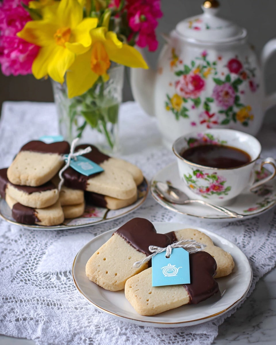 The image shows three rectangular tea bag-shaped cookies on a white plate with pink and green floral patterns. Each cookie has two layers: a light beige base layer with a smooth texture and a dark brown layer of chocolate dipped on one end, which has a slightly rough texture. Each cookie also has a small hole near the chocolate end, through which a white string is attached leading to a small square tag with a blue teapot illustration on a white background. The plate is placed on a white marbled textured surface with a white cloth featuring eyelet embroidery partially visible underneath. In the background, there are more plates and cups with similar floral designs. Photo taken with an iphone --ar 4:5 --v 7