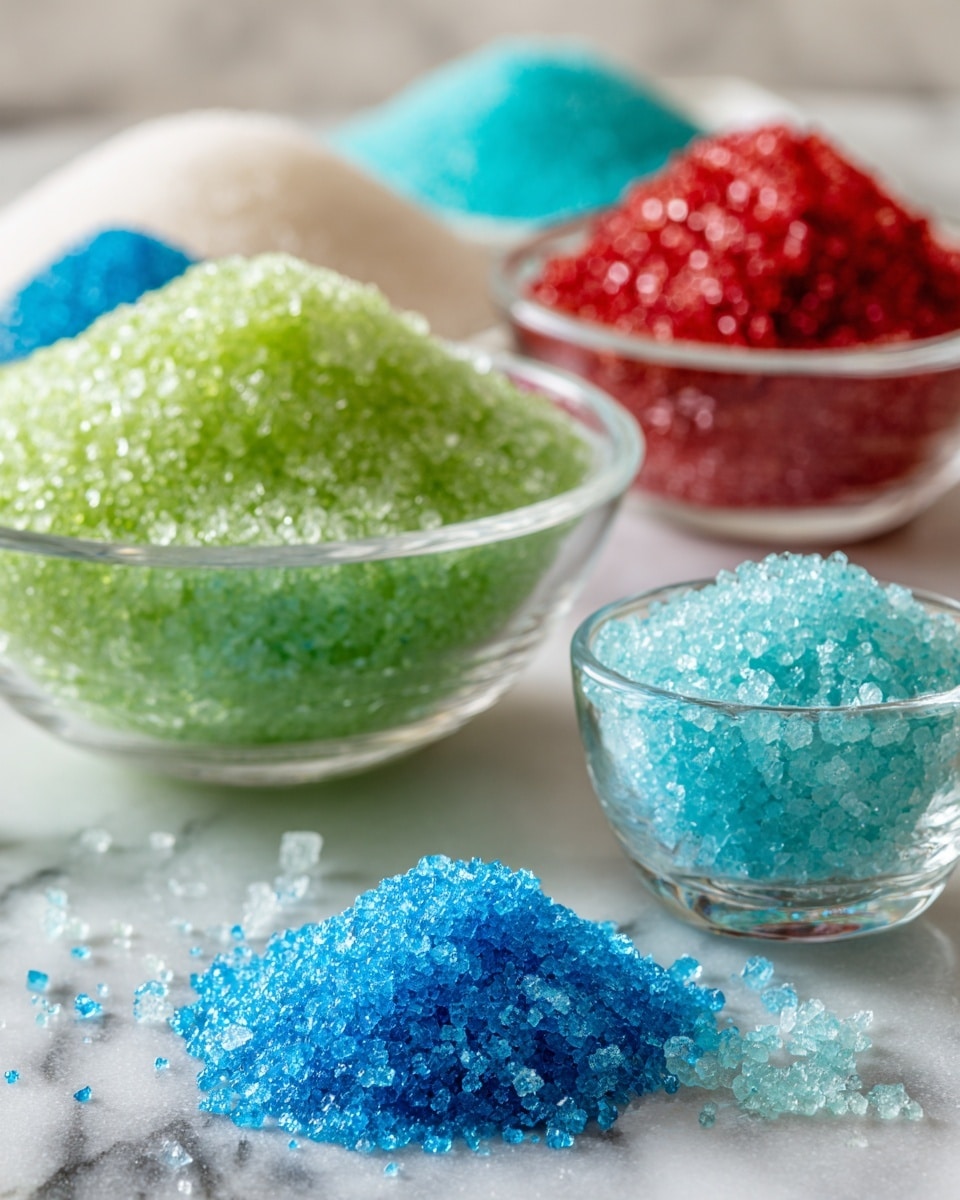 The image shows small piles of colored sugar crystals on a dark surface with a white marbled texture in the background. There are three visible sugar piles in the front: one light blue, one turquoise, and one white, each sparkling with tiny grains. Behind these, there are clear glass bowls filled with similar colored sugar – one bowl contains turquoise sugar, and a bit of red sugar is visible in a bowl behind. The textures and colors of the sugar crystals are clear and sharp, shining under bright light. Photo taken with an iphone --ar 4:5 --v 7