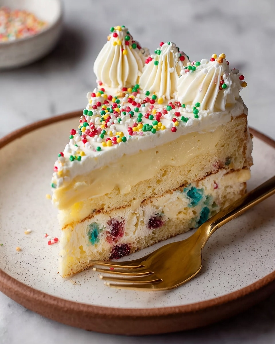 A slice of cheesecake with three distinct layers sits on a white speckled plate. The bottom layer is a thick, crumbly golden-brown crust, the middle layer is a creamy off-white cheesecake mixed with small colorful bits, and the top layer holds fluffy white whipped cream dollops decorated with red, green, blue, and yellow round sprinkles. The background shows more cheesecake slices on a white marbled surface, softly blurred. photo taken with an iphone --ar 4:5 --v 7