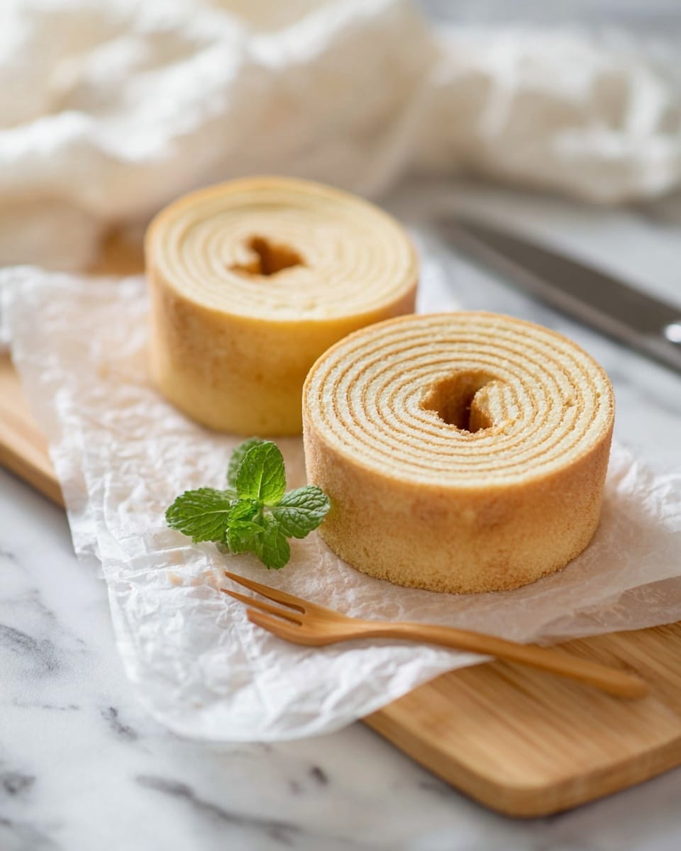 The image shows a round layered cake with visible light brown and cream layers stacked evenly, cut into a slice that stands upright on a silver spatula on a white marbled surface. The cake has about eight soft, thin layers, each with a light creamy filling. The outer layer is a smooth, light caramel color with glossy white icing gently dripping down one side. Next to the cake slice, there is a small bunch of fresh green mint leaves placed at the base. The cake is set on a piece of white parchment paper that rests on a wooden board. Photo taken with an iphone --ar 4:5 --v 7
