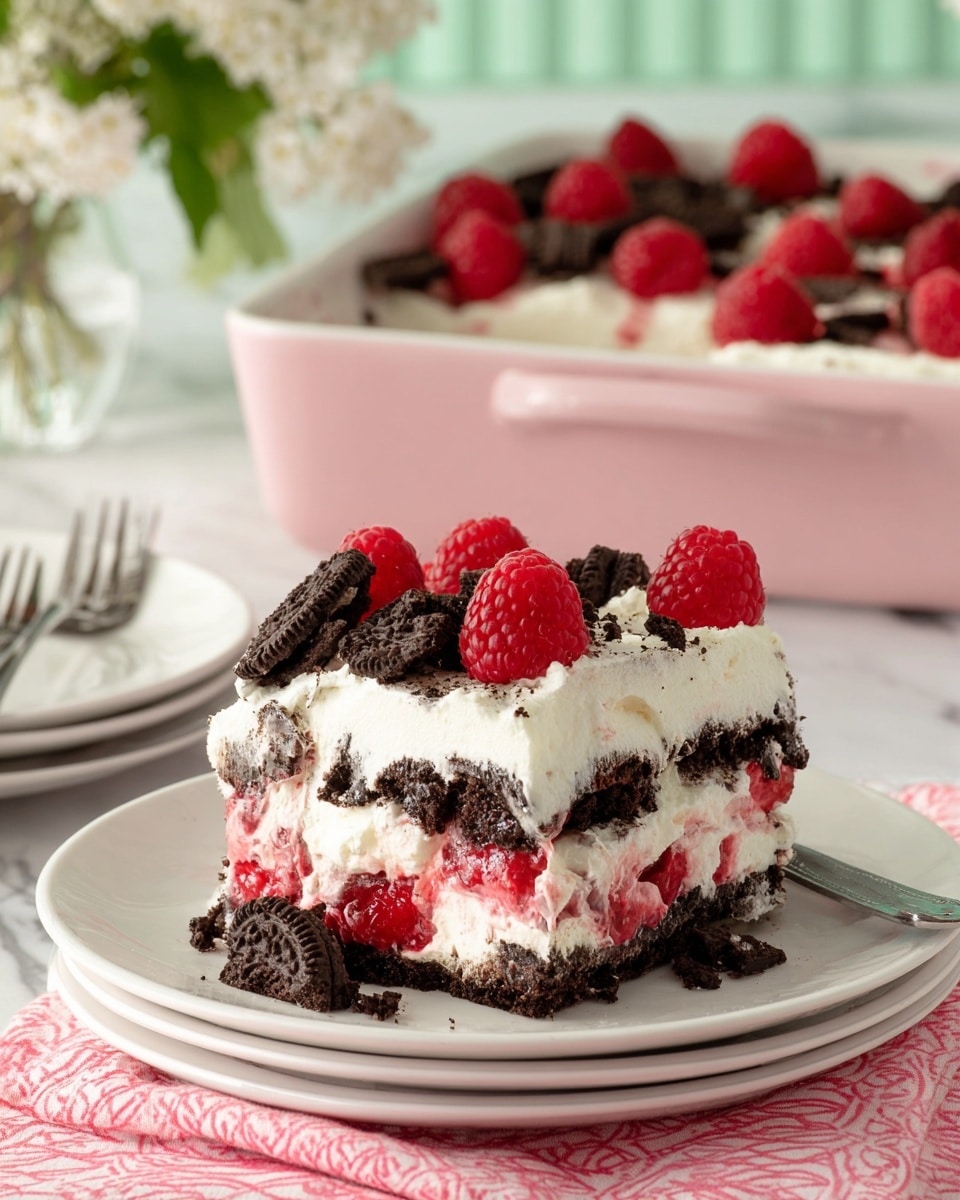 A square slice of layered dessert is presented on a white plate placed on a pink patterned cloth. The dessert has four layers: the bottom and third layers are made of dark chocolate cookie pieces, the second layer is filled with bright red raspberries mixed with white cream, and the top layer is white cream decorated with whole red raspberries and broken chocolate cookie pieces. In the background, the rest of the dessert is in a pink baking dish on a white marbled surface, with a blurred silver fork and a small bouquet of white flowers to the left. Photo taken with an iphone --ar 4:5 --v 7