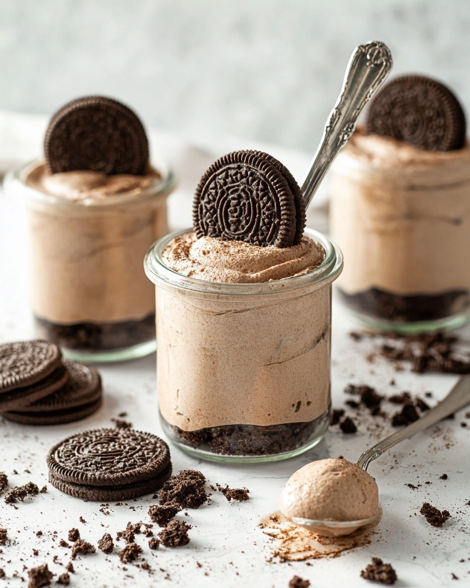 The image shows small clear glass jars filled with three layers: crushed dark chocolate cookies at the bottom, a thick light brown creamy mousse filling the middle and top, with a smooth whipped texture. Each jar is topped with a whole dark chocolate cookie standing vertically. In the closest jar, a silver spoon rests on top with a scoop of the light brown mousse. Around the jars, some dark chocolate cookies are scattered on a white marbled surface with cookie crumbs spread gently. The lighting is soft and bright, giving the mousse a fluffy and inviting look. photo taken with an iphone --ar 4:5 --v 7