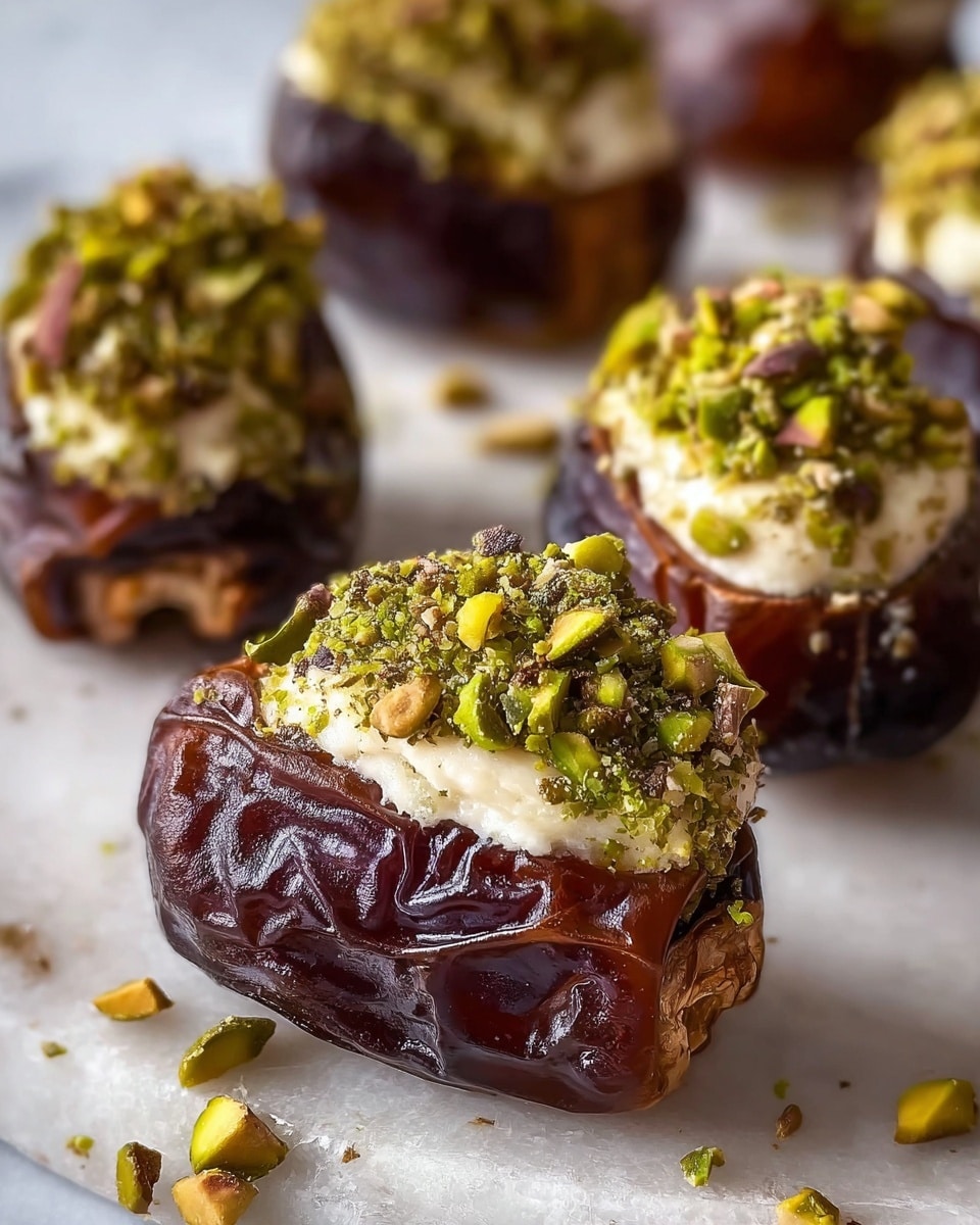 The image shows several pitted dates stuffed with a creamy, off-white filling, each topped with a generous sprinkle of crushed green pistachios. The dates have a shiny, dark brown exterior with a slightly wrinkled texture. The creamy layer is smooth and sits neatly inside the hollow of the dates, while the chopped pistachios add a rough, crunchy texture on top. The dates are placed directly on a white marbled surface, with a few scattered pieces of pistachio around them. The scene is closely focused on one date in the front, making the details of the filling and nuts very clear. photo taken with an iphone --ar 4:5 --v 7