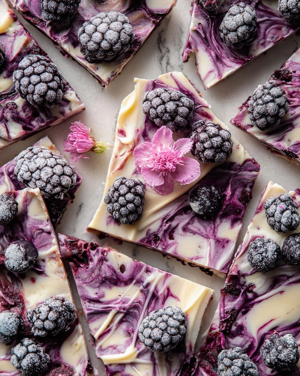 The image shows pieces of a swirled berry and cream bark laid out on a white marbled surface. Each piece has a mix of creamy white and deep purple layers swirled together, creating a marbled texture. On top of many pieces are whole frozen blackberries covered lightly in frost, adding a textured dark purple-black contrast. Some pieces are drizzled with thin lines of creamy white. There are two small pink flowers placed in the middle of the arrangement, adding a soft color touch. The overall look is colorful with a combination of creamy smoothness, frosty fruit, and delicate floral accents. Photo taken with an iphone --ar 4:5 --v 7