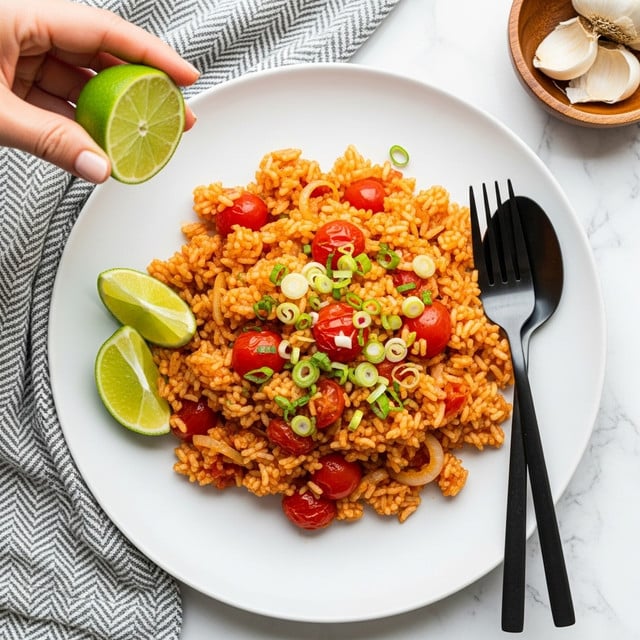 A white plate filled with orange-colored rice mixed with small pieces of red tomatoes and light brown cooked onions, topped with thin slices of green onions scattered on top. On the left side of the plate, there are two lime wedges. A woman's hand is holding a lime wedge above the plate. On the right side of the plate, a black spoon and fork are placed side by side. The plate is set on a white marbled surface with a gray and white zigzag patterned cloth partially visible on the left and a wooden bowl containing garlic in the upper right corner. Photo taken with an iphone --ar 4:5 --v 7