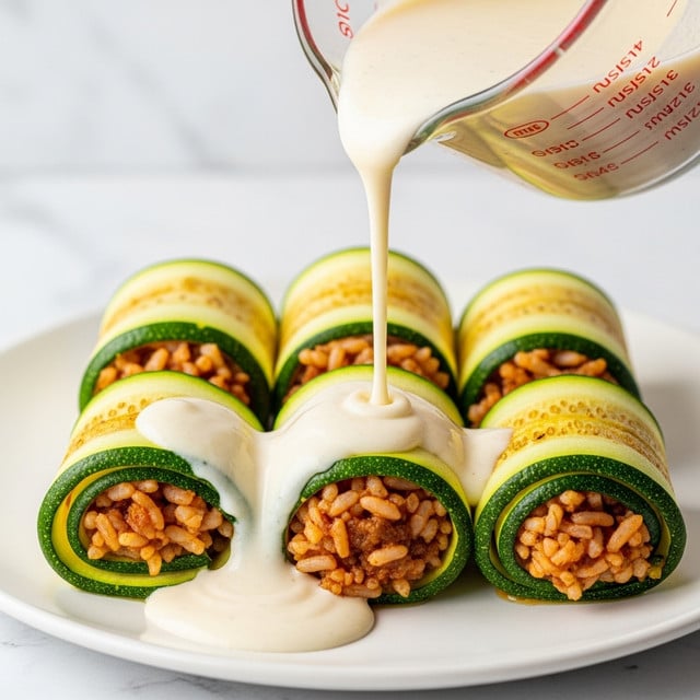 The image shows a close-up of green stuffed zucchini rolled into cylinders, placed on a white plate. Each zucchini roll is filled with a reddish-brown rice and meat mixture visible at the open ends. A smooth, light cream sauce is being poured from a measuring cup over the zucchini rolls, covering them halfway and pooling on the plate below. The background is a white marbled texture, and the overall look is fresh and appetizing. photo taken with an iphone --ar 4:5 --v 7