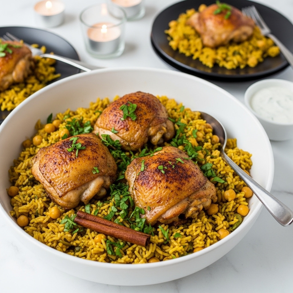 The dish shows a large white bowl filled with three browned, crispy chicken thighs placed on top of a layer of cooked rice mixed with yellow chickpeas and herbs. Bright green chopped parsley is sprinkled over the chicken and rice, adding a fresh contrast. A metal spoon rests inside the bowl among the rice and chickpeas, and a cinnamon stick lies within the rice. In the background are two black plates featuring the same dish with chicken and rice, as well as a small bowl of white sauce, all set on a white marbled surface with soft lighting and candles. photo taken with an iphone --ar 4:5 --v 7