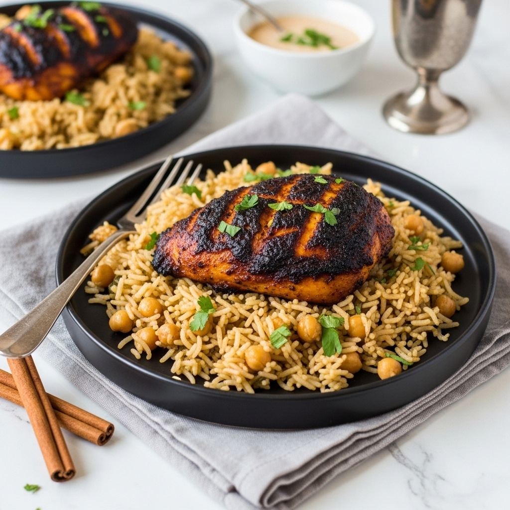 A round black plate holds a single piece of grilled chicken with a dark, crispy, and slightly charred skin, topped with small green herb pieces. The chicken rests on a bed of cooked rice mixed with chickpeas and sprinkled with fresh green herbs. A silver fork rests on the left side of the plate, partially buried in the rice. The plate sits on a light gray cloth napkin, arranged on a white marbled surface. In the background, another similar plate with the same food is slightly out of focus, along with a small white bowl containing a creamy sauce and a silver goblet. Two cinnamon sticks lie on the marble surface near the bottom-left corner of the image. photo taken with an iphone --ar 4:5 --v 7