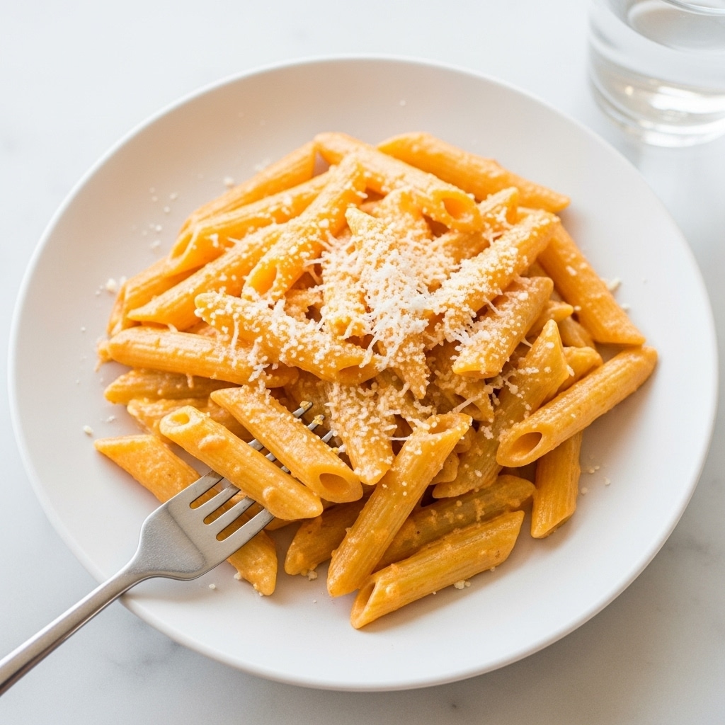 A white round plate holds a serving of penne pasta coated in a creamy, light orange sauce. The pasta pieces are piled unevenly, with some lying flat and others leaning at angles, showing their ridged texture. Light white grated cheese is sprinkled over the top, adding a slightly fluffy texture to the dish. A silver fork rests on the plate, its prongs holding a few pieces of pasta, angled toward the bottom left. The plate is set on a white marbled surface, with a glass of water visible in the top right corner. photo taken with an iphone --ar 4:5 --v 7