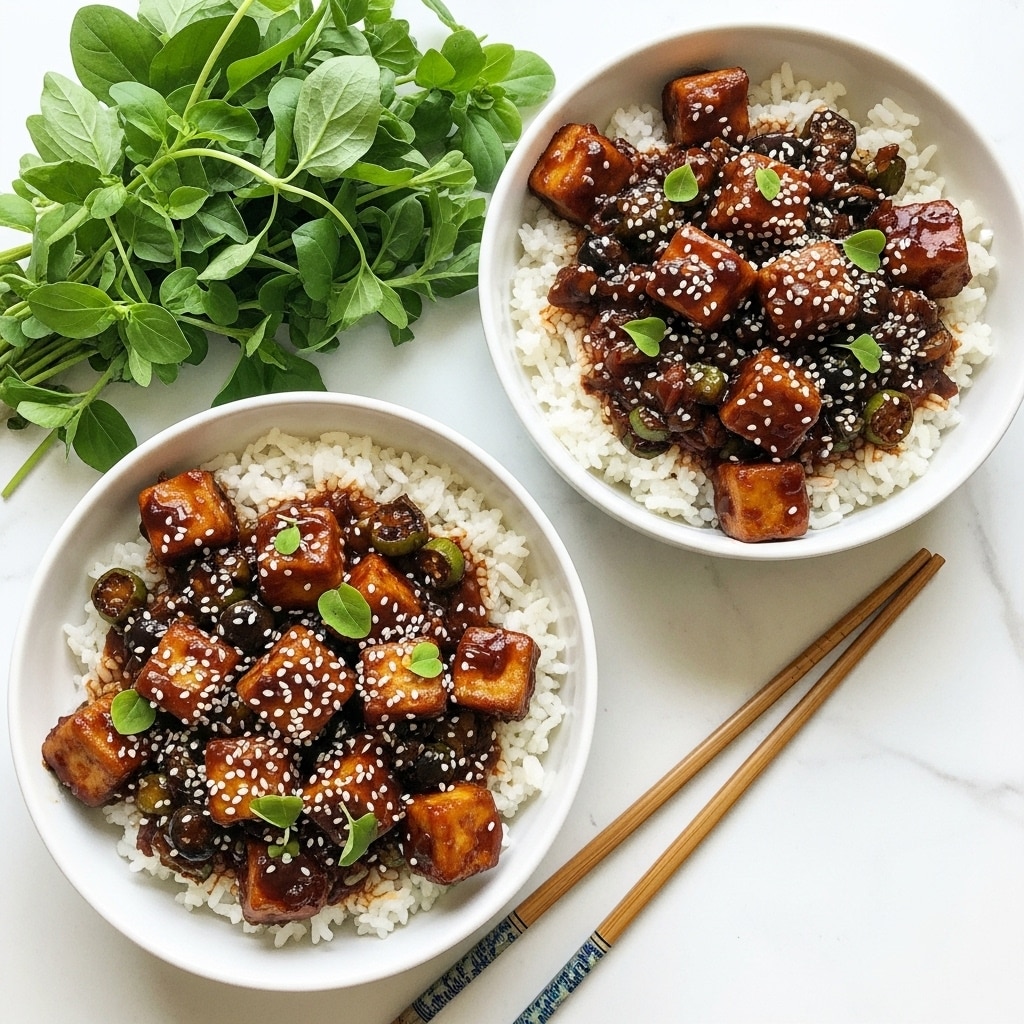 The image shows two bowls with a layer of white rice on the bottom, topped with bite-sized pieces of tofu covered in a dark, sticky sauce mixed with small green and purple vegetable pieces. The tofu is sprinkled with white sesame seeds and small bright green herb leaves. The bowls are white and placed on a white marbled surface, next to a bunch of fresh green herbs and a pair of wooden chopsticks resting diagonally. photo taken with an iphone --ar 4:5 --v 7