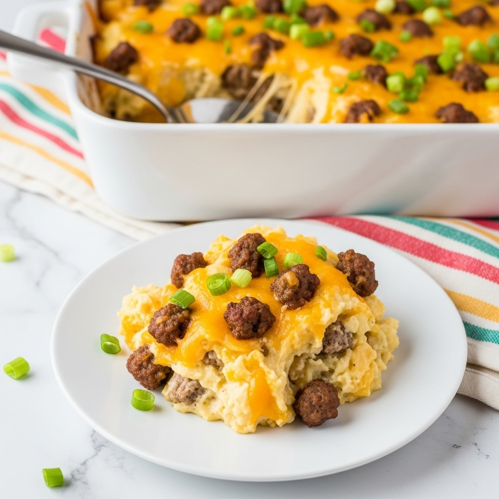 A scoop of cheesy mashed potato casserole is served on a white plate, showing a creamy, lumpy texture mixed with chunks of brown sausage and melted yellow-orange cheese layered throughout. The top is sprinkled with chopped green onions for color. Behind the plate is a white casserole dish filled with more of the same dish, with a silver serving spoon resting inside, and melted cheese stretching slightly from the spoon to the dish. All items are placed on a white marbled surface with a colorful striped cloth nearby. photo taken with an iphone --ar 4:5 --v 7