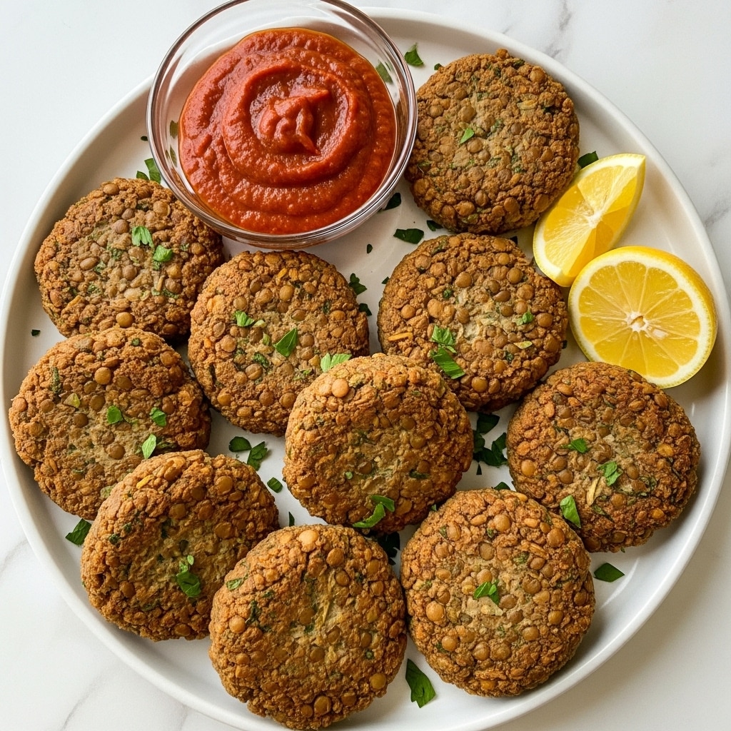 The image shows a white round plate filled with nine thick, round lentil patties that have a rough, textured brown surface with visible bits of lentils and herbs. The patties are arranged closely together, some overlapping, and sprinkled with small green parsley leaves. On the right side of the plate, there is a bright yellow lemon wedge placed next to the patties. Near the top of the plate, a small clear glass bowl holds a smooth, rich red sauce that looks thick and slightly chunky. The plate is set on a white marbled surface. photo taken with an iphone --ar 4:5 --v 7