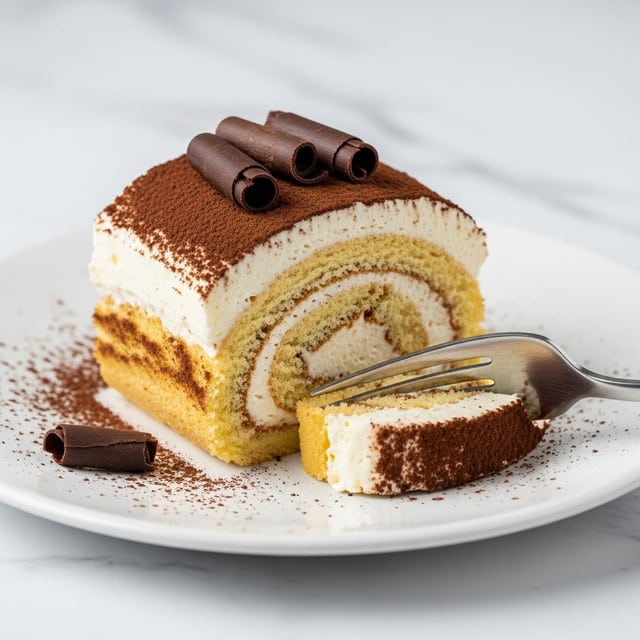 A square slice of rolled cake is shown on a white plate with a white marbled background. The cake has three visible layers: a light brown sponge cake rolled with a white creamy filling forming a spiral inside, a thick creamy white layer on top, and a dusting of cocoa powder covering this top layer. On the top center of the cake, there are three dark chocolate curls arranged neatly. A silver fork is cutting into the cake from the right side, the tines piercing the top creamy layer and the roll inside. There is a light sprinkle of cocoa powder around the cake on the plate, and a small piece of chocolate curl lies next to the cake on the plate. photo taken with an iphone --ar 4:5 --v 7