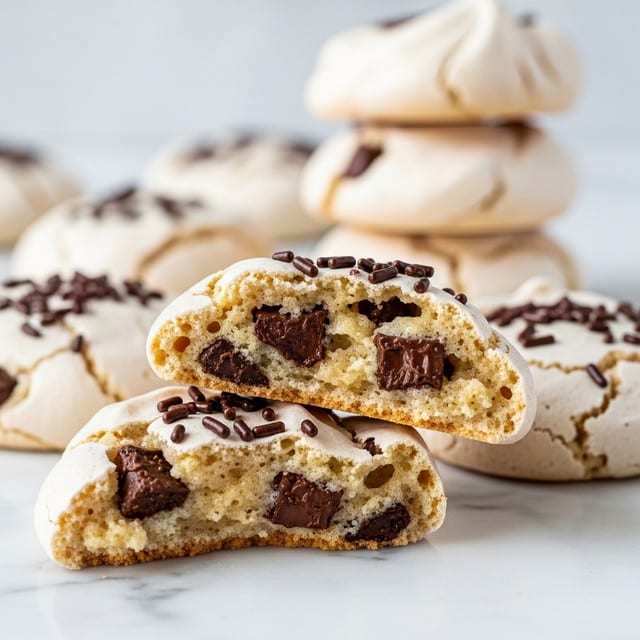 The image shows a close-up of several light tan meringue cookies with cracks on the surface. These cookies have visible dark brown chocolate chips mixed inside and sprinkle-like chocolate bits on top. Two cookies are broken in the front, revealing a soft, airy inside with chunks of chocolate throughout. Behind them, more whole meringue cookies are stacked softly blurred. The treats sit on a white marbled surface. photo taken with an iphone --ar 4:5 --v 7