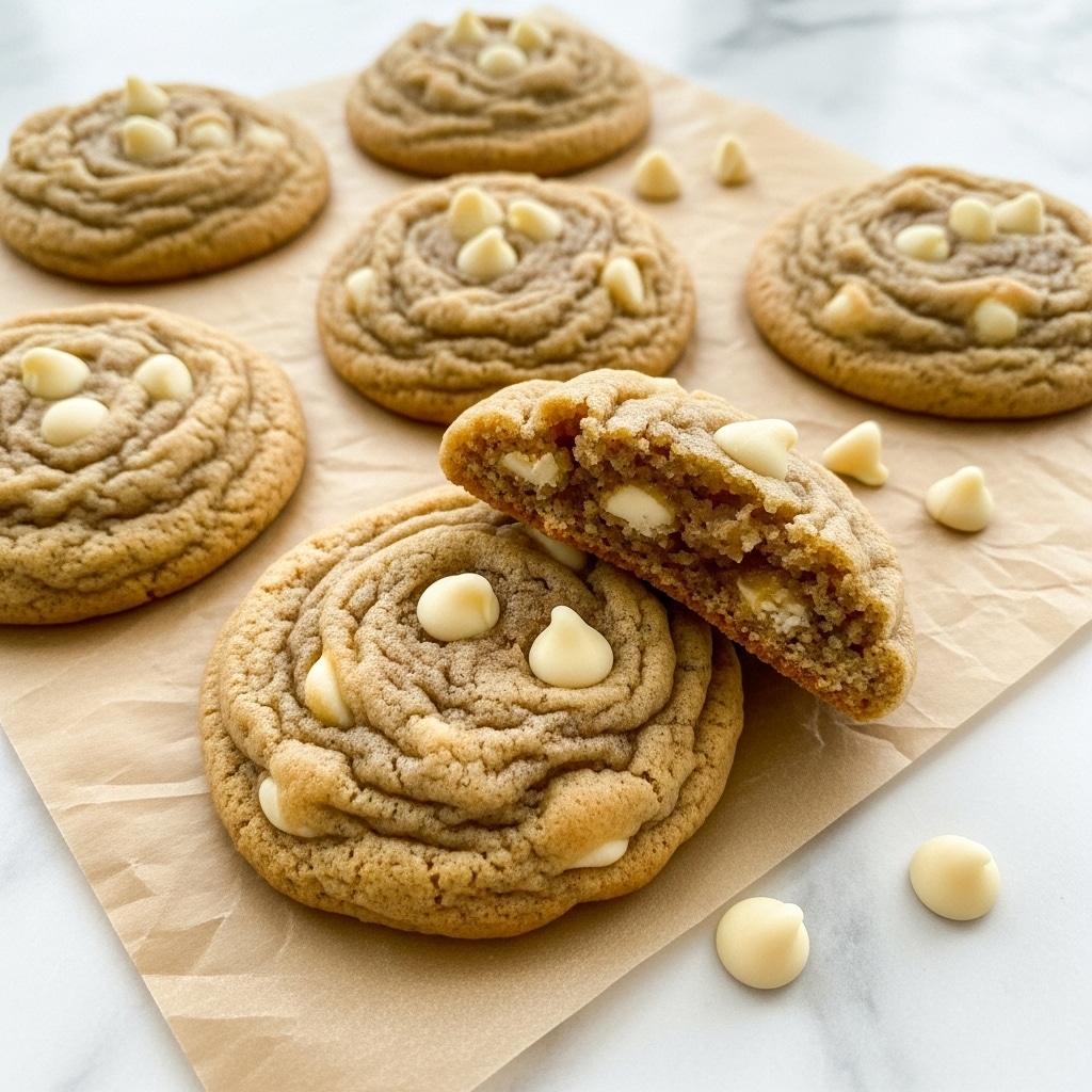 Several light golden-brown cookies with white chocolate chips are placed on a light brown parchment paper over a white marbled surface. The cookies have a soft, slightly wrinkled texture with visible swirls and small white chocolate chips scattered on top. One cookie is broken in half, showing a chewy interior with embedded white chips. A few loose white chocolate chips are also scattered around the cookies. The overall scene is warm and inviting with soft lighting. photo taken with an iphone --ar 4:5 --v 7