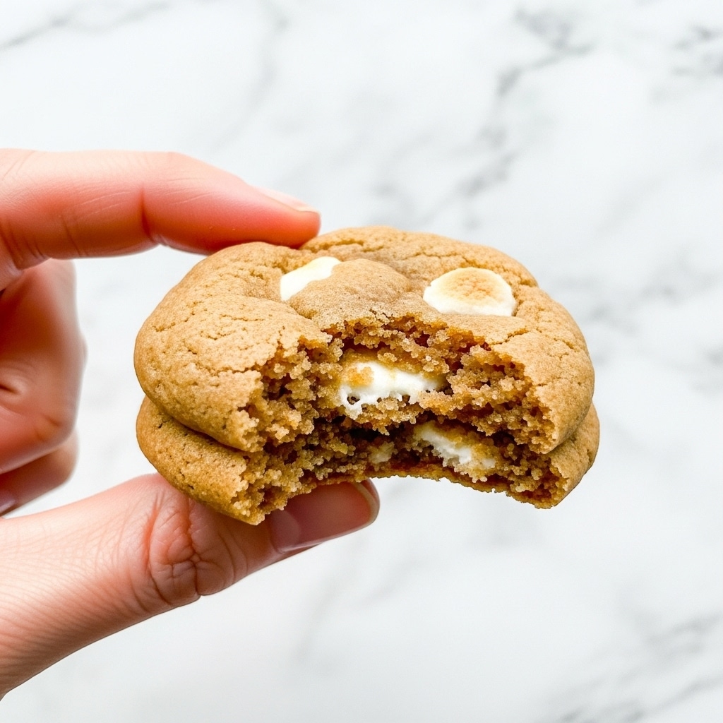 A close-up image shows a bitten soft cookie held between a woman's thumb and forefinger. The cookie has one visible layer of light golden brown dough with a slightly crumbly texture and contains small white patches that look like melted marshmallows or white chocolate inside. The background is a clean white marbled texture, putting full focus on the cookie held near the center of the frame. photo taken with an iphone --ar 4:5 --v 7