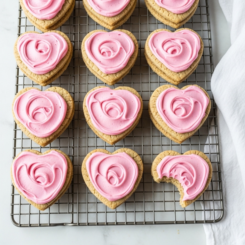 The image shows twelve small heart-shaped cookies arranged on a metal cooling rack over a white marbled surface. Each cookie has one thick layer of soft, light brown base with a smooth, shiny layer of pink frosting spread unevenly on top, creating swirled patterns. One cookie has a bite taken from its side, showing the crumbly inside. A white cloth is casually placed on the right side of the rack, adding a soft texture contrast. The lighting is soft and natural, highlighting the pastel colors and the fine details of the frosting. Photo taken with an iphone --ar 4:5 --v 7
