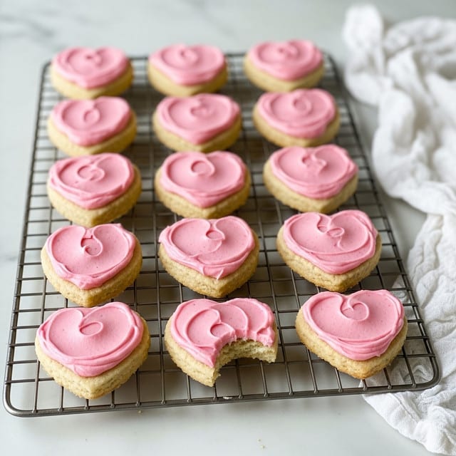 The image shows a cooling rack with eleven small heart-shaped cookies, each topped with a layer of smooth, light pink frosting spread unevenly on top. The cookies are a soft golden-brown color with a slightly rough texture around the edges. One cookie has a bite taken out of it, showing the soft interior beneath the frosting. The cooling rack is placed on a white marbled surface with a crumpled white cloth to the right side of the rack. The overall scene is bright and clean with soft natural light. photo taken with an iphone --ar 4:5 --v 7