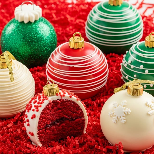 The image shows a group of round Christmas ornament-shaped desserts placed on bright red shredded paper. Each dessert looks like a shiny ornament ball with different decorations: one is green with sparkles and a white icing top piece, a red one covered with white icing swirls, another green with white striped icing lines and dots, and a smooth white ball decorated with white snowflake icing on top. One dessert is cut in half, revealing a rich red cake inside coated with red and white icing. There’s also a white dessert with creamy swirls and a small gold ribbon loop around it. The texture of the smooth icing and detailed designs give a festive look. photo taken with an iphone --ar 4:5 --v 7