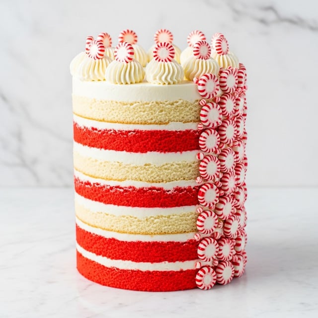 The image shows a tall cake with six visible layers, alternating between red and light cream colors from bottom to top. Each cake layer is separated by smooth white cream layers of equal thickness. The cake's outside is decorated with horizontal red and white stripes that match the inner layers. One side of the cake is fully covered with small, round peppermint candies in red and white, both flat peppermint discs and rounded striped ones. The top edge of the cake has white cream dollops spaced evenly with more peppermint candies placed on top. The cake is placed on a white marble surface, and the background is a white marbled texture. photo taken with an iphone --ar 4:5 --v 7