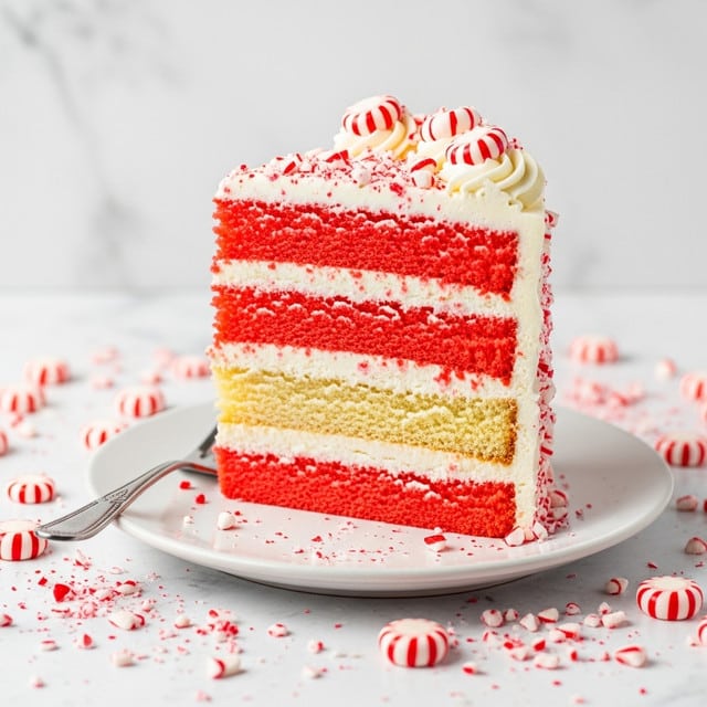 A tall slice of cake with six visible layers, alternating between bright red and light beige sponge cake, each separated by thick white creamy frosting. The top layer is covered with the same white frosting and decorated with small red and white peppermint candies and crushed peppermint pieces. The cake sits on a white plate with a silver fork on the left side, surrounded by more crushed peppermint pieces and whole peppermint candies. The background is a white marbled texture. photo taken with an iphone --ar 4:5 --v 7