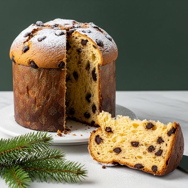 The image shows a tall, round panettone cake with a golden-brown crust, studded with dark chocolate pieces throughout. The cake has a soft, light crumb inside that is visible where a large wedge has been cut out, showing its fluffy texture and fine air pockets. The top of the panettone is domed and dusted with a layer of white powdered sugar, giving a slight contrast to the warm tan color of the cake. The cake sits on a white cake stand with some powdered sugar scattered around its base. In the foreground, a sprig of green pine adds a festive touch, and the background is a simple dark green, all set on a white marbled surface. photo taken with an iphone --ar 4:5 --v 7