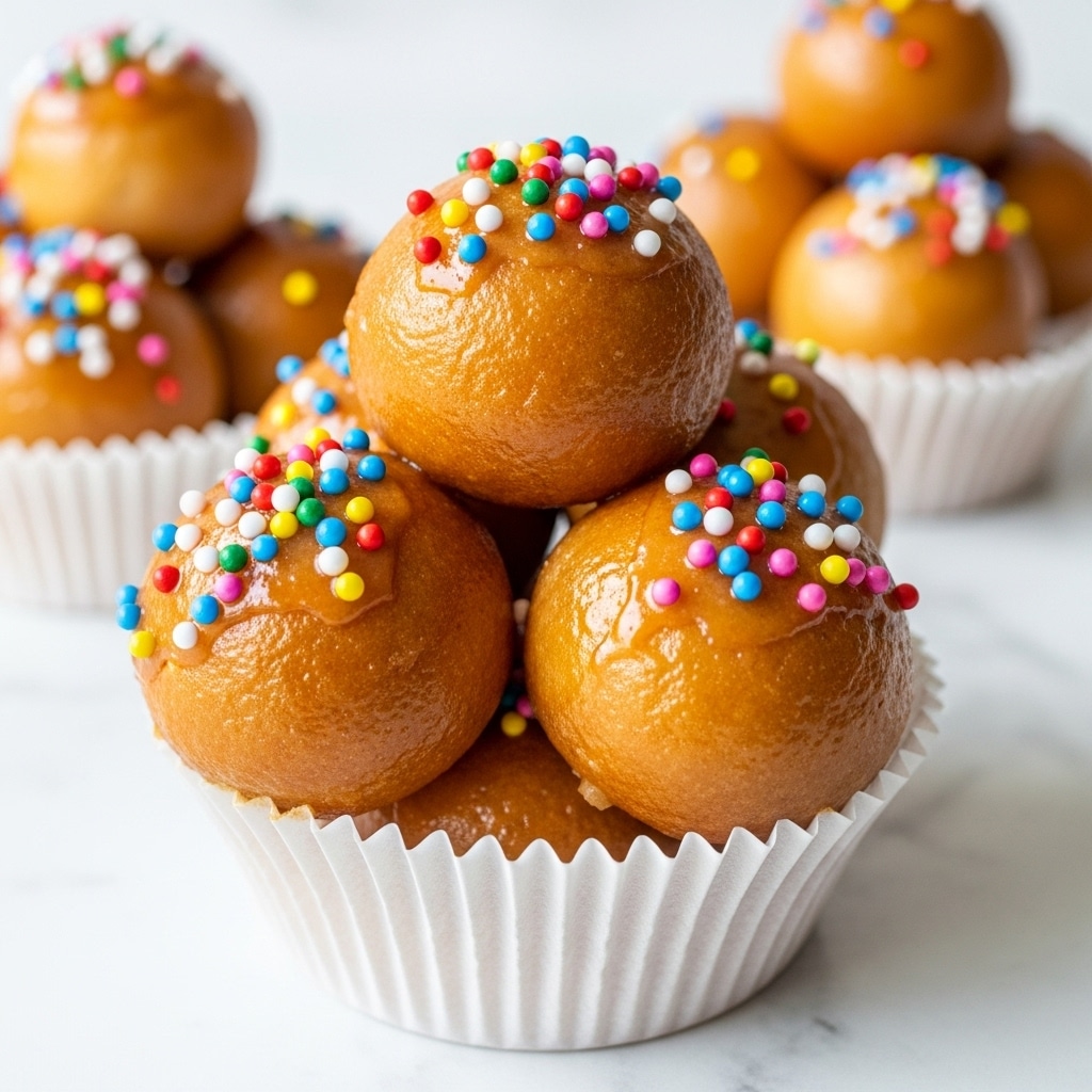 A close-up view of a white paper cupcake liner filled with several small, round, golden brown dough balls that have a shiny, sticky glaze on their surface. Each dough ball is covered with small, colorful round sprinkles in red, blue, yellow, green, pink, white, and purple, giving a playful texture to the smooth glaze. The dough balls are piled up inside the liner, some at the base with others stacked above, creating a layered, clustered look. The background is a soft white marbled texture, and parts of similar dough ball clusters are seen blurred in the back. Photo taken with an iphone --ar 4:5 --v 7