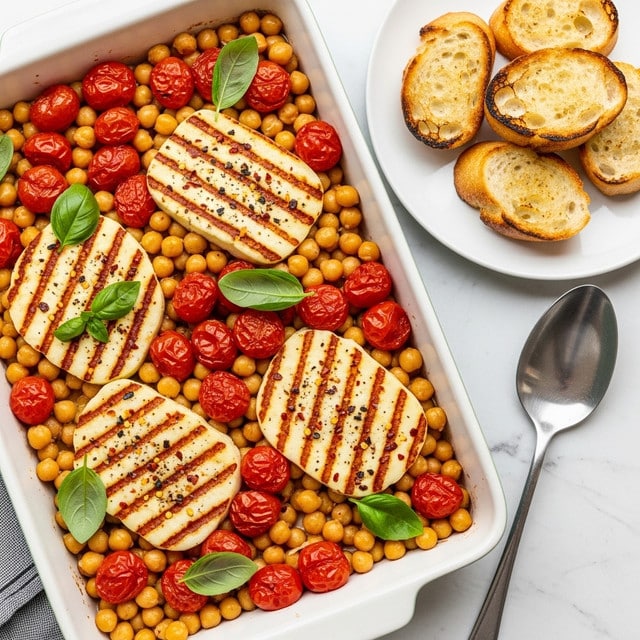 A rectangular baking dish holds a layered meal starting with a base of golden cooked chickpeas scattered evenly across the bottom. On top, there are bright, roasted cherry tomatoes, some slightly burst and charred, mixed throughout the chickpeas, adding vibrant red spots. Four thick slices of golden-brown grilled halloumi cheese rest on the tomatoes and chickpeas, each seared with dark grill marks and speckled with black pepper and chili flakes. Fresh green basil leaves are spread over the top, adding a fresh green contrast. Next to the dish, a white plate presents toasted baguette slices with a golden crust, and a large silver spoon sits to the right. All is set on a white marbled textured surface. photo taken with an iphone --ar 4:5 --v 7