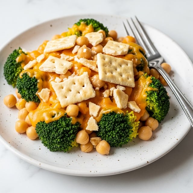 The dish shows a close-up of broccoli florets and chickpeas covered in a creamy orange cheese sauce, all layered with broken pale beige crackers scattered on top and mixed in. It is served on a white plate with a speckled rim, with a silver fork placed on the right edge of the plate. The dish sits on a white marbled surface. photo taken with an iphone --ar 4:5 --v 7