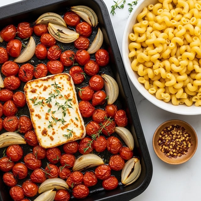 The image shows a black baking pan filled with roasted cherry tomatoes that are bright red and wrinkled, mixed with browned shallot wedges that are light golden with some charred edges. In the center, there is a thick, rectangular piece of white feta cheese with a slightly browned top and soft texture. Fresh green thyme sprigs are sprinkled over the tomatoes and cheese. Beside the pan, there is a white bowl filled with cooked yellow cavatappi pasta with a smooth, twisted shape. On the white marbled surface next to the bowl is a small wooden dish containing crushed red pepper flakes. photo taken with an iphone --ar 4:5 --v 7