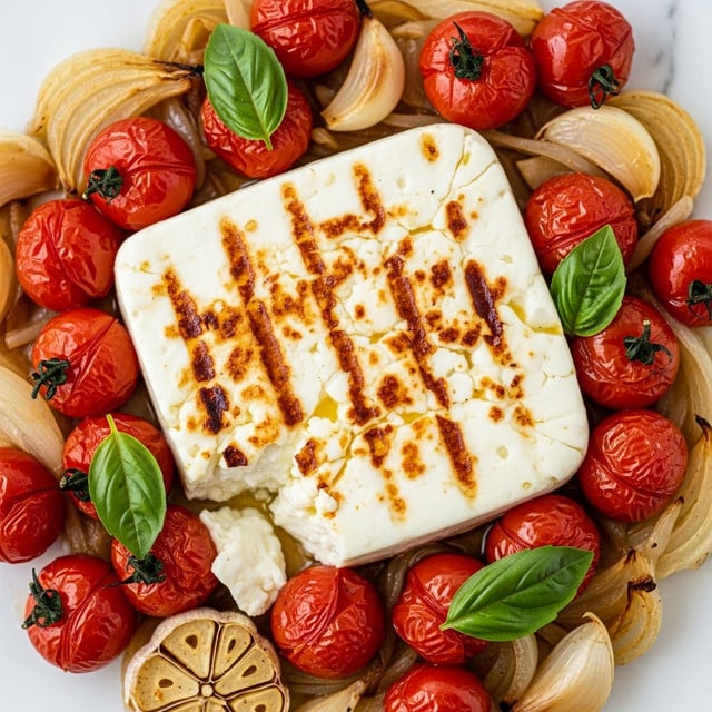 A close-up of a dish featuring a large, thick white block of grilled cheese with golden brown grilled spots on top, positioned at the center and slightly broken on one corner. Surrounding the cheese are many roasted cherry tomatoes with wrinkled, deep red skin and a few fresh green basil leaves scattered on top and around. The tomatoes sit on a layer of roasted light brown onions and some whole garlic cloves, all placed on a background with a white marbled texture. The cheese has a soft, slightly creamy texture while the roasted vegetables have a shiny, caramelized look. Photo taken with an iphone --ar 4:5 --v 7