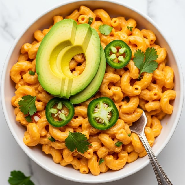 The image shows a close-up of a bowl filled with creamy macaroni and cheese, the pasta coated in a rich, smooth orange cheese sauce. On top, there are two bright green slices of avocado, and a few slices of green jalapeño peppers are scattered for a bit of color and spice. Small leaves of fresh cilantro are also spread across the dish, adding a touch of green. A silver fork rests on the edge of the white bowl, partially covered with some of the cheesy pasta. The background is a white marbled texture. photo taken with an iphone --ar 4:5 --v 7