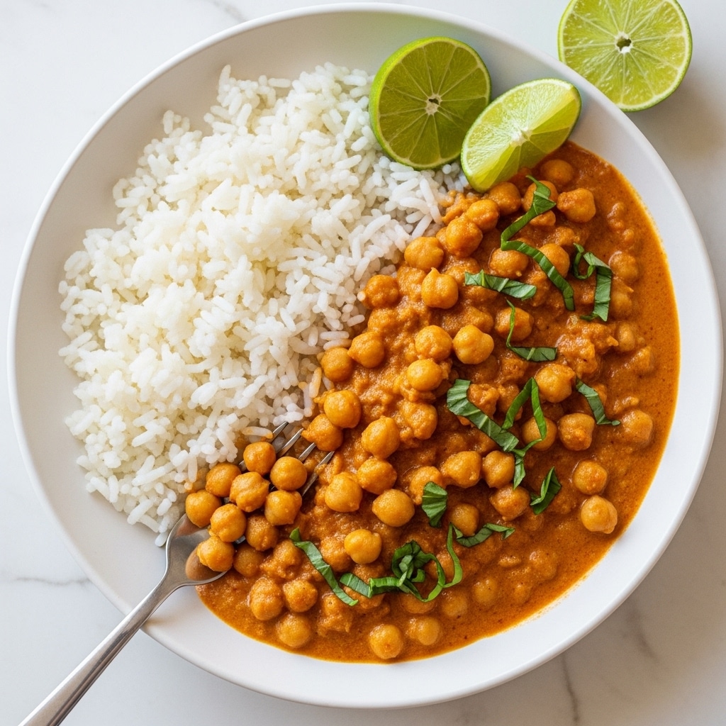 The image shows a white plate filled with two main layers: on the left side, there is a pile of fluffy white rice, and on the right side, a thick layer of creamy chickpea curry with a rich orange-brown color and soft texture. The curry has whole chickpeas visible and is garnished with scattered green fresh basil leaves. At the top right corner of the plate, there are two lime wedges, one mostly squeezed. A metal fork is placed on the bottom left side, partly submerged in the curry, with some chickpeas on it. The plate sits on a white marbled surface with a soft, warm light highlighting the dish’s textures and colors. Photo taken with an iphone --ar 4:5 --v 7