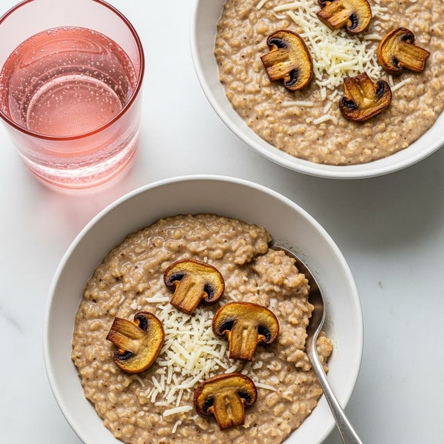 Two bowls of creamy oatmeal with a thick, slightly lumpy texture fill each white bowl, topped with five to six golden-brown toasted mushroom slices scattered evenly on the surface. The oatmeal has a warm beige color with specks of darker grains throughout. White grated cheese is lightly sprinkled on top, melting slightly into the oats. One bowl has a spoon resting inside on the right side, slightly digging into the oatmeal. To the left of the bowls, a clear pink glass filled with sparkling water sits on a white marbled surface. Photo taken with an iphone --ar 4:5 --v 7