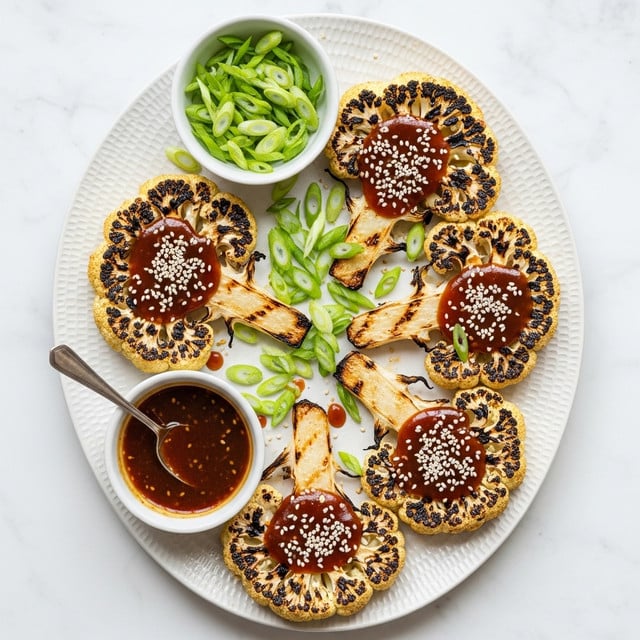 The dish shows six grilled cauliflower steaks arranged in a circle on a white, textured oval plate. Each cauliflower steak has a light golden color with some charred black grill marks, giving a slightly rough surface texture. A glossy brown glaze sauce is spread over the top of each steak, sprinkled with small white sesame seeds. Bright green sliced scallions are scattered over the cauliflower and placed in a small white bowl at the top-center of the plate. Another small white bowl near the bottom-left contains more brown sauce with a silver spoon resting inside. The whole setting sits on a white marbled texture background. photo taken with an iphone --ar 4:5 --v 7