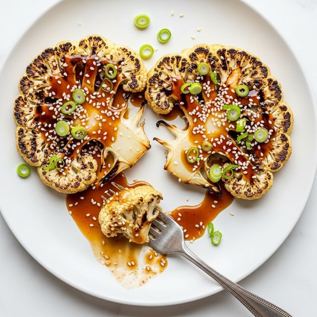 The image shows two slices of grilled cauliflower steaks on a white plate, each slice having a light golden-brown char with some darker grill marks. A glossy brown sauce is drizzled generously over the cauliflower, creating a shiny layer that pools slightly on the plate. Scattered over the top are small white sesame seeds and bright green slices of spring onion, adding contrast to the dish. In the lower part of the plate, there is a piece of cauliflower on a silver fork, with some sauce spread around it, all set against a white marbled surface. photo taken with an iphone --ar 4:5 --v 7