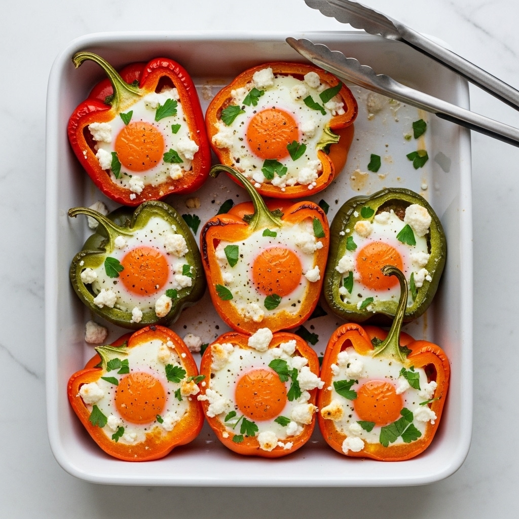 A large yellow bell pepper hollowed out and filled with layers of red tomato sauce, white melted cheese, and a cooked egg with a runny yellow yolk at the center, topped with green herb bits. The pepper sits on a white plate, with a piece of torn toasted bread dipped into the yolk by a woman's hand. Another piece of bread and part of a fork are visible on the side, all set against a white marbled surface. Photo taken with an iphone --ar 4:5 --v 7