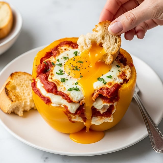 The image shows six stuffed bell pepper halves arranged closely in a white rectangular baking dish on a white marbled texture. Each pepper is either red, green, or orange with a soft, roasted texture. Inside each pepper half, there is a baked egg with a bright orange yolk in the center, surrounded by slightly cooked white egg. Around the eggs, crumbled white cheese and small pieces of chopped green herbs are sprinkled evenly. The peppers have a slightly wrinkled, roasted look with some caramelized spots, and a pair of metal tongs is placed at the top right corner of the dish. Photo taken with an iphone --ar 4:5 --v 7
