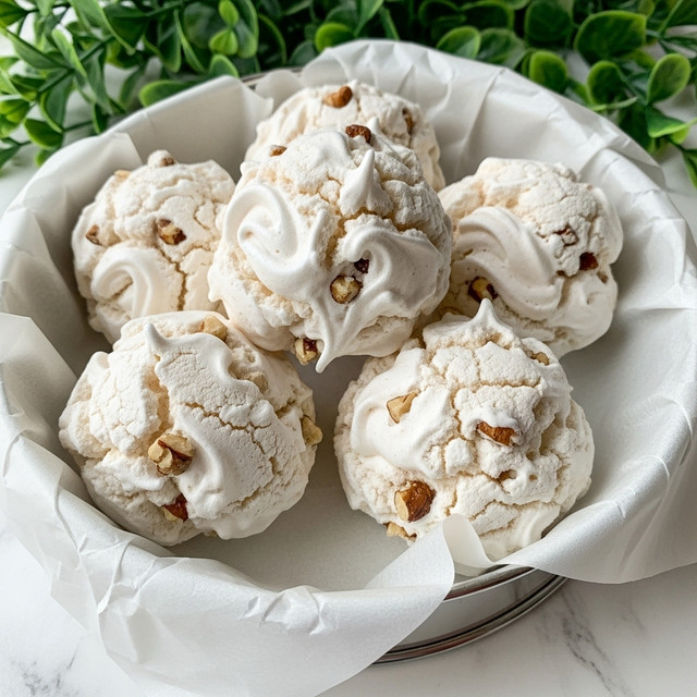 The image shows several soft, unevenly shaped white meringue clusters with small brown nut pieces mixed in. These clusters have a rough texture with some smooth swirls and are piled loosely inside a white parchment paper-lined round container. The container has a shiny metallic edge visible at the bottom right. The background has green blurry foliage, and the base surface beneath the container is a white marbled texture. photo taken with an iphone --ar 4:5 --v 7