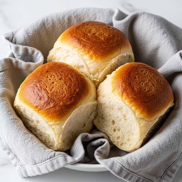 Three soft bread rolls with a golden brown top layer and a light, fluffy off-white inside are placed closely together in a white bowl. The bowl is lined with a crumpled light gray cloth, which surrounds the rolls. The texture of the rolls shows slight air pockets, indicating softness. The bowl sits on a white marbled surface. photo taken with an iphone --ar 4:5 --v 7