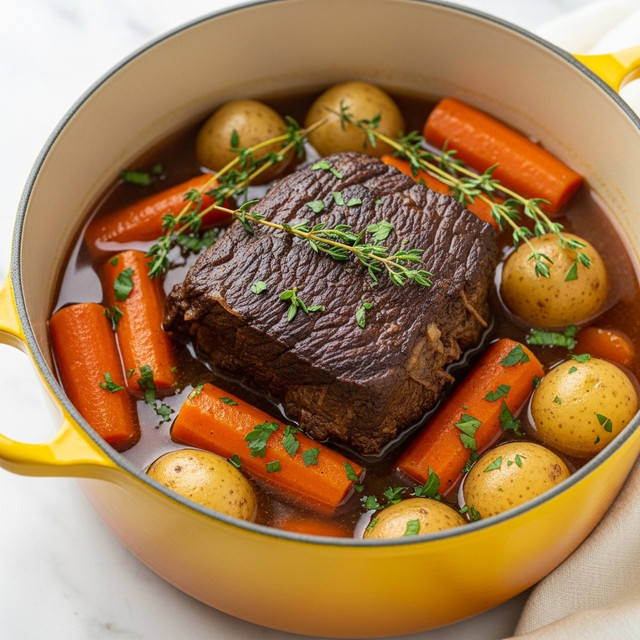 A close-up view of a yellow enameled pot filled with a tender, dark brown braised beef piece in the center, surrounded by chunky orange carrot pieces and small round light brown potatoes, all partially submerged in a rich brown broth. Some fresh green herbs, including thyme sprigs and finely chopped parsley, are scattered on top of the beef and vegetables. The pot rests on a white marbled texture surface with a hint of a white cloth underneath on the side. Photo taken with an iphone --ar 4:5 --v 7