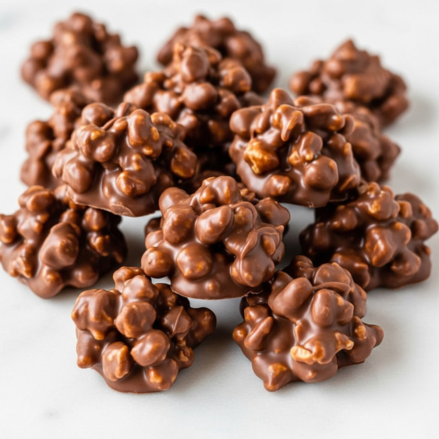 A pile of small, irregularly shaped chocolate clusters sits on a white marbled surface. Each cluster is formed by a mix of milk chocolate and visible chunks of nuts, creating a bumpy texture with nut pieces peeking through the glossy, smooth chocolate coating. The clusters vary slightly in size, overlapping each other in a casual arrangement with a rich, warm brown color. photo taken with an iphone --ar 4:5 --v 7