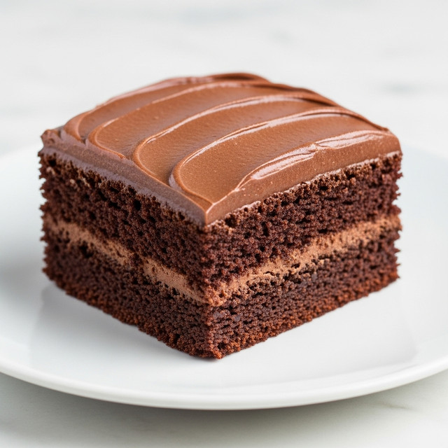 A close-up of a single square piece of chocolate cake on a white plate, resting on a white marbled surface. The cake has two layers: the bottom layer is a thick, dark, moist chocolate base with a crumbly texture, and the top layer is a smooth, shiny, rich chocolate frosting spread evenly with soft curves and slight peaks. The lighting highlights the moistness of the cake and the glossiness of the frosting, creating an inviting appearance. photo taken with an iphone --ar 4:5 --v 7