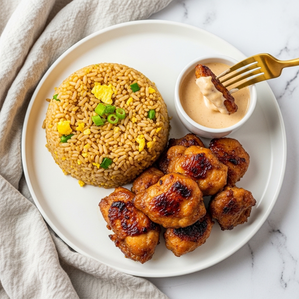 A white plate holds a serving of golden brown fried rice mixed with small pieces of scrambled egg and green onion bits, forming a rounded mound on one side. Next to it, a cluster of caramelized, dark brown grilled chicken pieces with a slightly crispy texture is placed unevenly. A small white cup filled with creamy beige sauce is positioned near the chicken, and a golden fork is dipping a piece of chicken into the sauce. The plate sits on a white marbled surface next to a wrinkled light beige cloth. Photo taken with an iphone --ar 4:5 --v 7