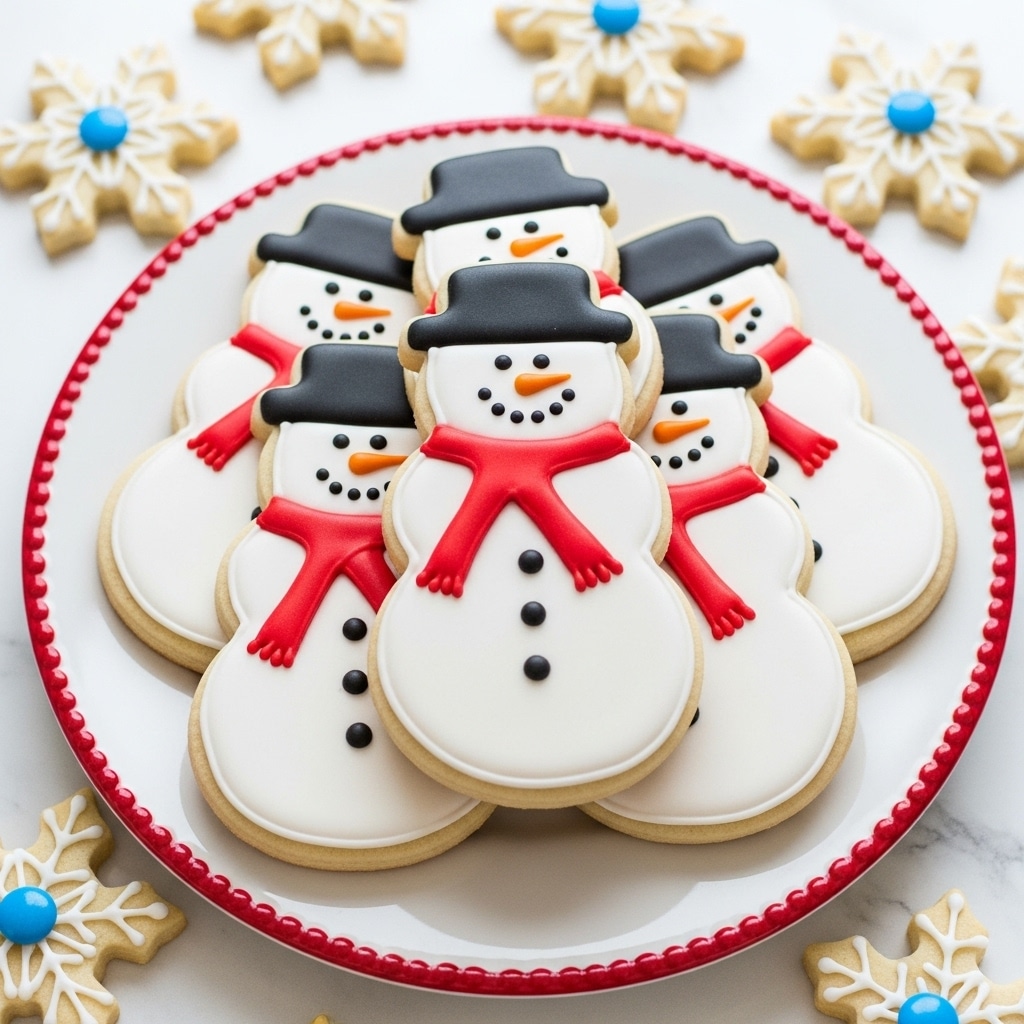 The image shows a pile of six snowman-shaped cookies stacked on a white plate with a red decorative border. Each cookie has three layers: a smooth white icing covering the body, a black hat on top, and a bright red scarf around the neck. The snowmen's faces have small black dots for eyes and mouths, with a small orange carrot-shaped nose in the center. Two black buttons are placed on the lower part of each snowman's body. Around the plate, there are several snowflake-shaped cookies with white icing designs and blue candy centers placed on a white marbled surface. photo taken with an iphone --ar 4:5 --v 7