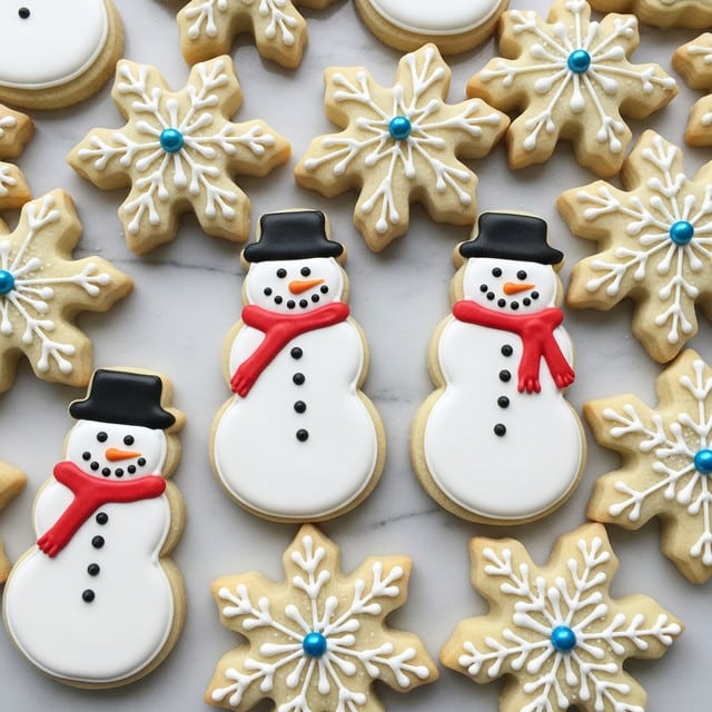 The image shows an assortment of decorated cookies on a white marbled surface. There are snowman-shaped cookies with two white icing layers forming the body, small black icing dots for eyes and buttons, an orange dot for the nose, and a red scarf with a black hat on top. Surrounding these are snowflake-shaped cookies with two layers: a base of light golden cookie, topped with white icing forming intricate snowflake designs, each accented with a small blue bead in the center and a sprinkling of white sugar. The cookies are closely arranged, filling the frame with a festive look. Photo taken with an iphone --ar 4:5 --v 7