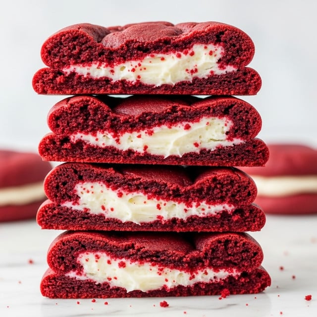 A stack of four broken red velvet cookies with visible layers of deep red, slightly crumbly outer dough and thick, creamy white filling in the center. Each cookie shows a soft, moist texture with the inside filling fully exposed, creating a clear contrast between the rich red exterior and the smooth white cream inside. The cookies are stacked unevenly on a white marbled surface with a soft, bright background, emphasizing the rich red and white colors. Photo taken with an iphone --ar 4:5 --v 7